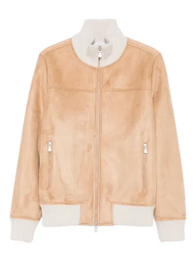 Gran Sasso Soft Beige Suede Jacket With Ribbed Knit Details In Neutral
