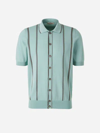 Gran Sasso Striped Cotton Polo In Turquoise Blue