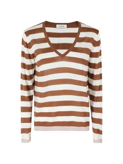 Gran Sasso Striped V-neck Sweater In Brown