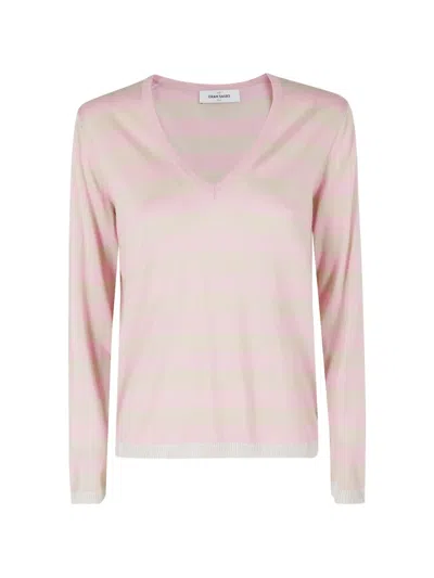 Gran Sasso Striped V-neck Sweater In Pink