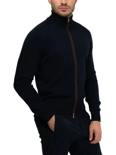 Gran Sasso Tailored Black Wool Zip-up Jacket With Ribbed Details In Blue