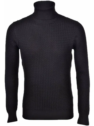 Gran Sasso Textured Turtleneck Sweater In Black Wool In Blue