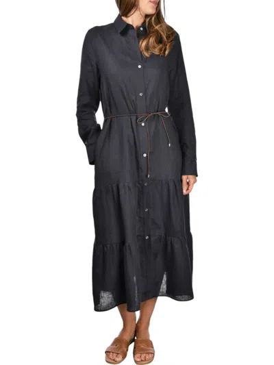 Gran Sasso White Abitino Tiered Skirt Linen Dress In Black