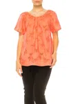 Grand & Greene Butterfly Eyelet Short Sleeve Top In Coral