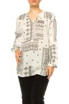 Grand & Greene Decorative Print Long Sleeve Top In Black White