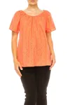 Grand & Greene Floral Eyelet Elastic Neckline Top In Coral