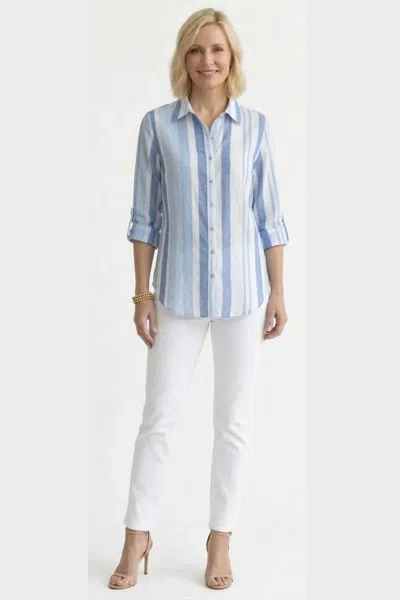 Grand & Greene Multi-tone Striped Roll-tab Blouse In Blue White