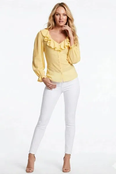 Grand & Greene Pom-pom Trim Ruffle Blouse In Yellow