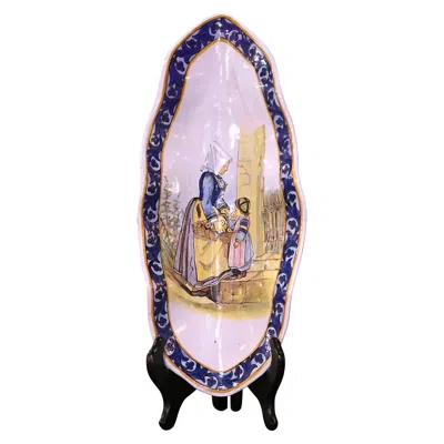 Pre-owned Grande Maison Hb Quimper 19th Century French Painted Faience Porquier Beau Quimper Crepe Dish Vide-poche In Sand