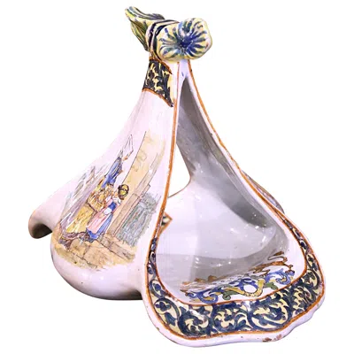 Pre-owned Grande Maison Hb Quimper Large 19th Century French Painted Faience Porquier Beau Quimper Dish In Gray