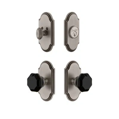 Grandeur Arc Short Plate Complete Entry Set With Single Cylinder Deadbolot And Lyon Knob In Antique Pewter