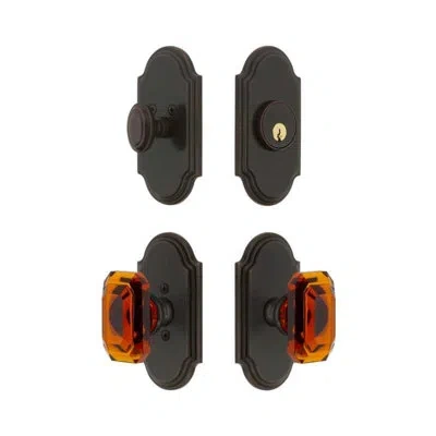 Grandeur Arc Short Plate Entry Set With Baguette Amber Crystal Knob In Timeless Bronze In Black