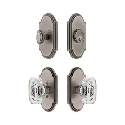 Grandeur Arc Short Plate Entry Set With Baguette Clear Crystal Knob In Antique Pewter In Gray