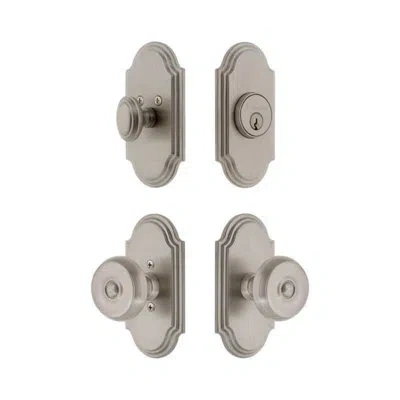 Grandeur Arc Short Plate Entry Set With Bouton Knob In Satin Nickel In Brown