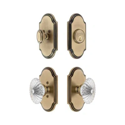 Grandeur Arc Short Plate Entry Set With Burgundy Crystal Knob In Vintage Brass In Gold