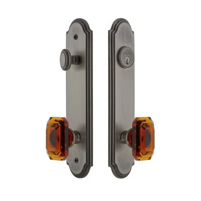 Grandeur Arc Tall Plate Complete Entry Set With Single Cylinder Deadbolot And Baguette Amber Knob In Antique Pewter