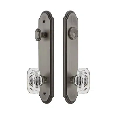 Grandeur Arc Tall Plate Complete Entry Set With Single Cylinder Deadbolot And Baguette Clear Crystal Knob In Antique Pewter