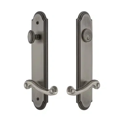 Grandeur Arc Tall Plate Complete Entry Set With Single Cylinder Deadbolot And Newport Lever In Antique Pewter