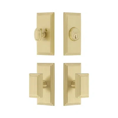 Grandeur Carre Short Plate Complete Entry Set With Single Cylinder Deadbolot And Carre Knob In Satin Brass