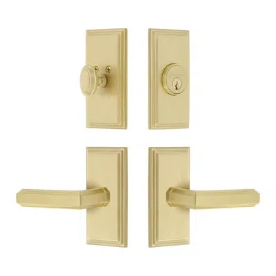 Grandeur Carre Short Plate Complete Entry Set With Single Cylinder Deadbolot And Carre Lever In Satin Brass