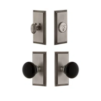 Grandeur Carre Short Plate Complete Entry Set With Single Cylinder Deadbolot And Coventry Knob In Antique Pewter