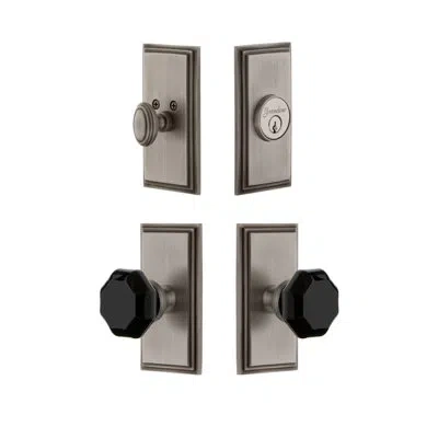 Grandeur Carre Short Plate Complete Entry Set With Single Cylinder Deadbolot And Lyon Knob In Antique Pewter