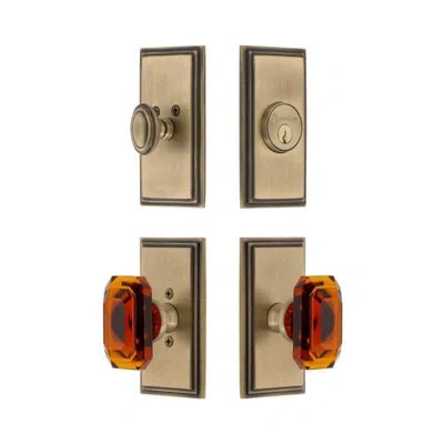 Grandeur Carre Short Plate Entry Set With Baguette Amber Crystal Knob In Vintage Brass In Gold