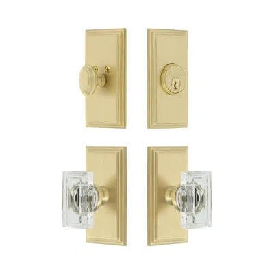Grandeur Carré Short Plate Entry Set With Carré Crystal Knob In Satin Brass