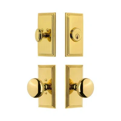 Grandeur Carre Short Plate Entry Set With Fifth Avenue Knob In Lifetime Brass In Gold