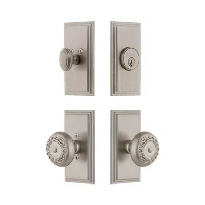 Grandeur Carre Short Plate Entry Set With Parthenon Knob In Satin Nickel In Brown