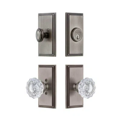 Grandeur Carre Short Plate Entry Set With Versailles Crystal Knob In Antique Pewter In Gray