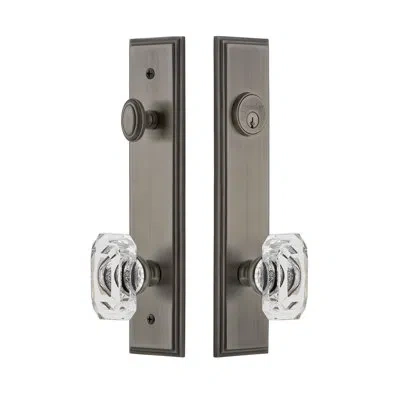 Grandeur Carré Tall Plate Complete Entry Set With Single Cylinder Deadbolot And Baguette Clear Crystal Knob In Antique Pewter
