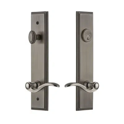 Grandeur Carré Tall Plate Complete Entry Set With Single Cylinder Deadbolot And Bellagio Lever In Antique Pewter