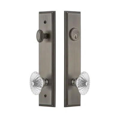 Grandeur Carré Tall Plate Complete Entry Set With Single Cylinder Deadbolot And Burgundy Knob In Antique Pewter