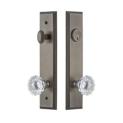 Grandeur Carré Tall Plate Complete Entry Set With Single Cylinder Deadbolot And Fontainebleau Knob In Antique Pewter