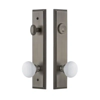 Grandeur Carré Tall Plate Complete Entry Set With Single Cylinder Deadbolot And Hyde Park Knob In Antique Pewter