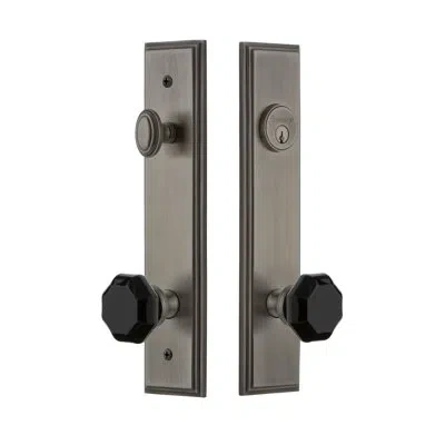 Grandeur Carré Tall Plate Complete Entry Set With Single Cylinder Deadbolot And Lyon Knob In Antique Pewter