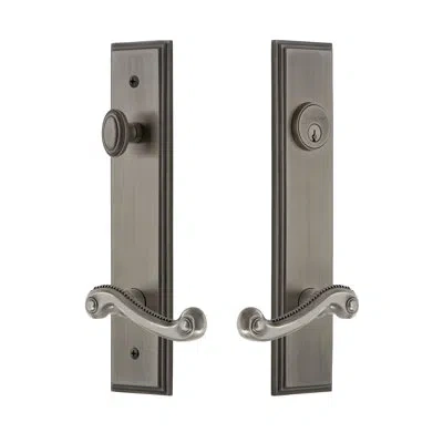 Grandeur Carré Tall Plate Complete Entry Set With Single Cylinder Deadbolot And Newport Lever In Antique Pewter