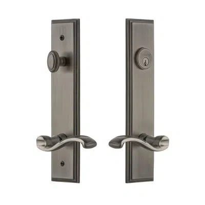 Grandeur Carré Tall Plate Complete Entry Set With Single Cylinder Deadbolot And Portofino Lever In Antique Pewter