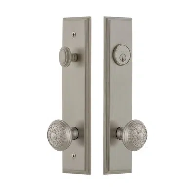 Grandeur Carré Tall Plate Complete Entry Set With Single Cylinder Deadbolot And Windsor Knob In Satin Nickel