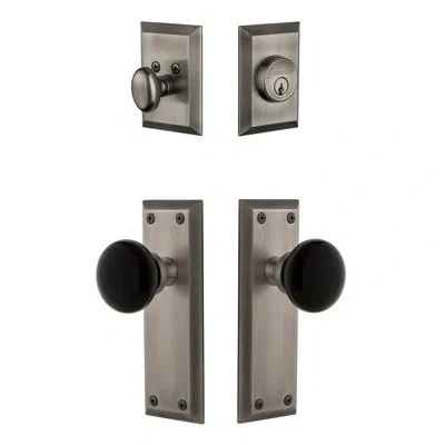 Grandeur Fifth Avenue Long Plate Complete Entry Set With Single Cylinder Deadbolot And Coventry Knob In Antique Pewter