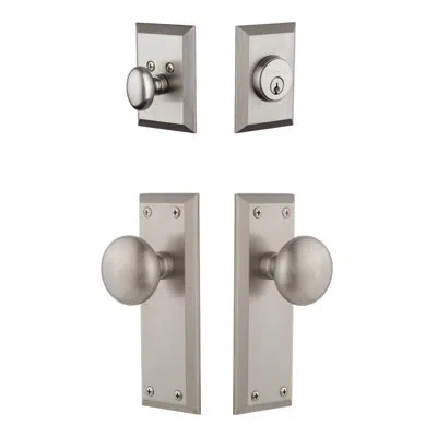 Grandeur Fifth Avenue Long Plate Complete Entry Set With Single Cylinder Deadbolot And Fifth Avenue Knob In Satin Nickel