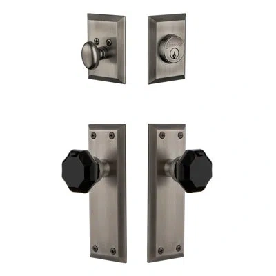 Grandeur Fifth Avenue Long Plate Complete Entry Set With Single Cylinder Deadbolot And Lyon Knob In Antique Pewter