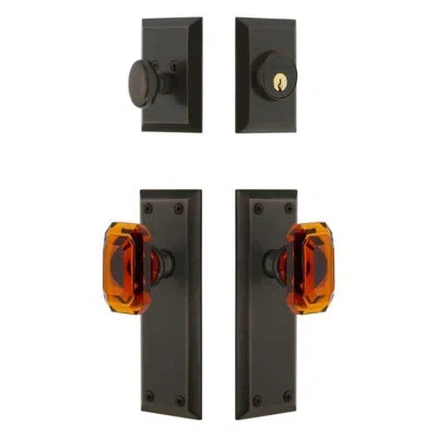 Grandeur Fifth Avenue Long Plate Entry Set With Baguette Amber Crystal Knob In Timeless Bronze In Brown