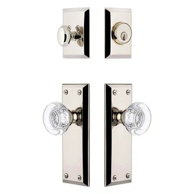Grandeur Fifth Avenue Long Plate Entry Set With Bordeaux Crystal Knob In Polished Nickel In Silver