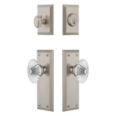 Grandeur Fifth Avenue Long Plate Entry Set With Burgundy Crystal Knob In Satin Nickel In Silver
