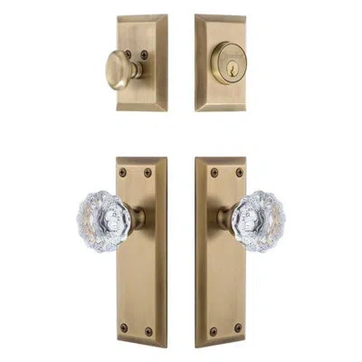 Grandeur Fifth Avenue Long Plate Entry Set With Fontainebleau Crystal Knob In Vintage Brass In Gold
