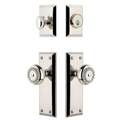 Grandeur Fifth Avenue Long Plate Entry Set With Parthenon Knob In Polished Nickel In Silver