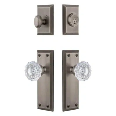 Grandeur Fifth Avenue Long Plate Entry Set With Versailles Crystal Knob In Antique Pewter In Gray