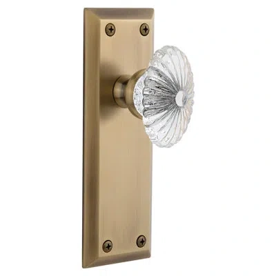 Grandeur Fifth Avenue Plate Single Dummy With Burgundy Crystal Door Knob In Vintage Brass